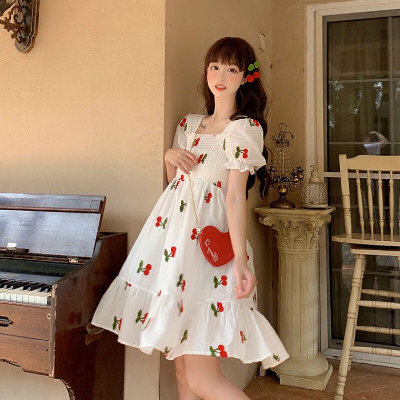 ĐẦM XÒE TAY NGẮN IN HỌA TIẾT QỦA CHERRY ĐỎ CỰC DỄ THƯƠNG,XINH NHƯ TIỂU THƯ CHẤT VON DÀY MỀM MỊN TTSGR