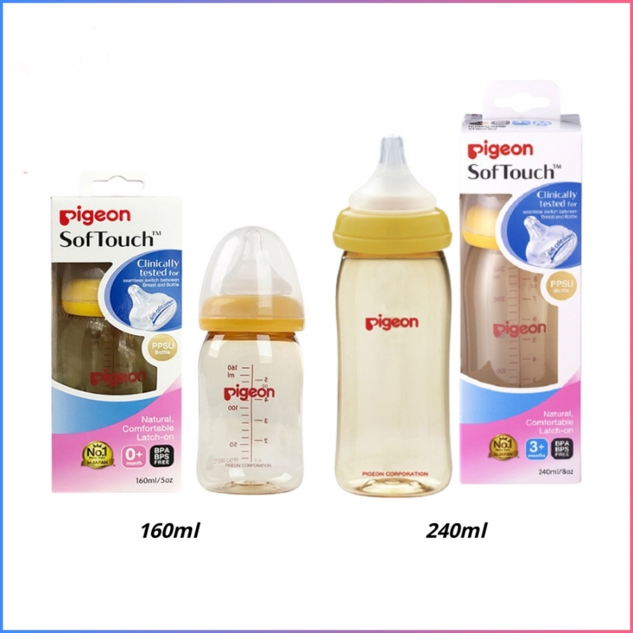 Bình sữa Pigeon Softouch cổ rộng nhựa cao cấp dung tích 160ml và 240ml hàng chính hãng
