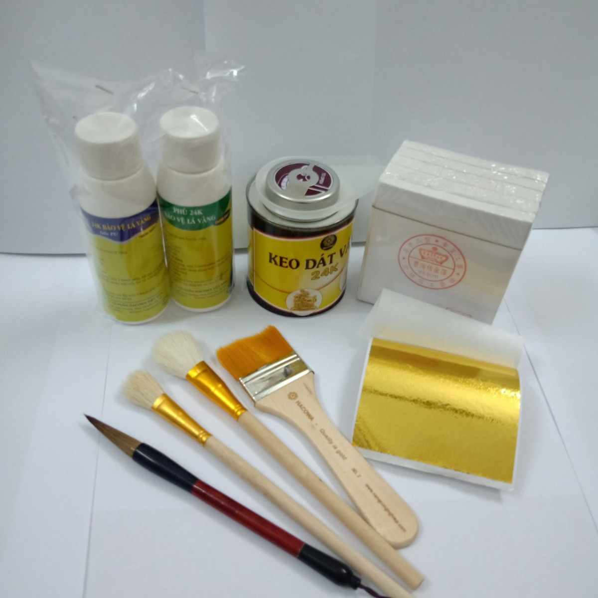 Combo dát vàng keo 24k đế vương dành cho dát đồ đồng, đồ gỗ, gốm sứ siêu bóng