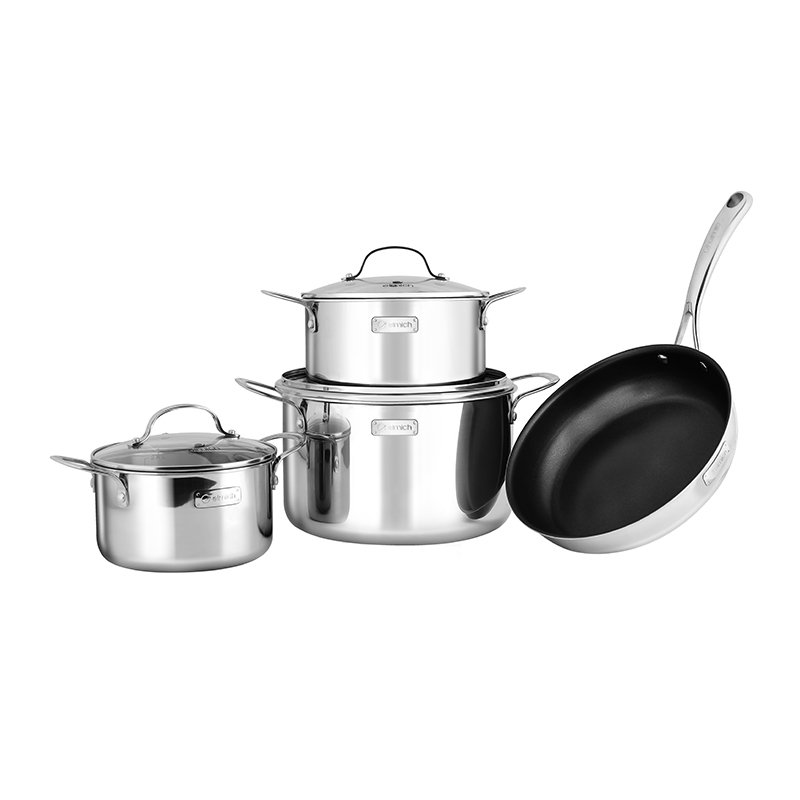 Bộ nồi chảo inox cao cấp 3 lớp đáy liền Trimax 4 chiếc size 18cm, 20cm, 26cm và chảo 26cm