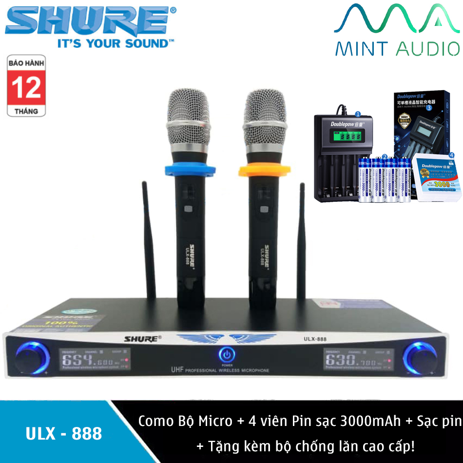 Micro karaoke không dây shure ulx-888 + tặng kèm 4 viên pin sạc 3000 mah và bộ sạc đa năng