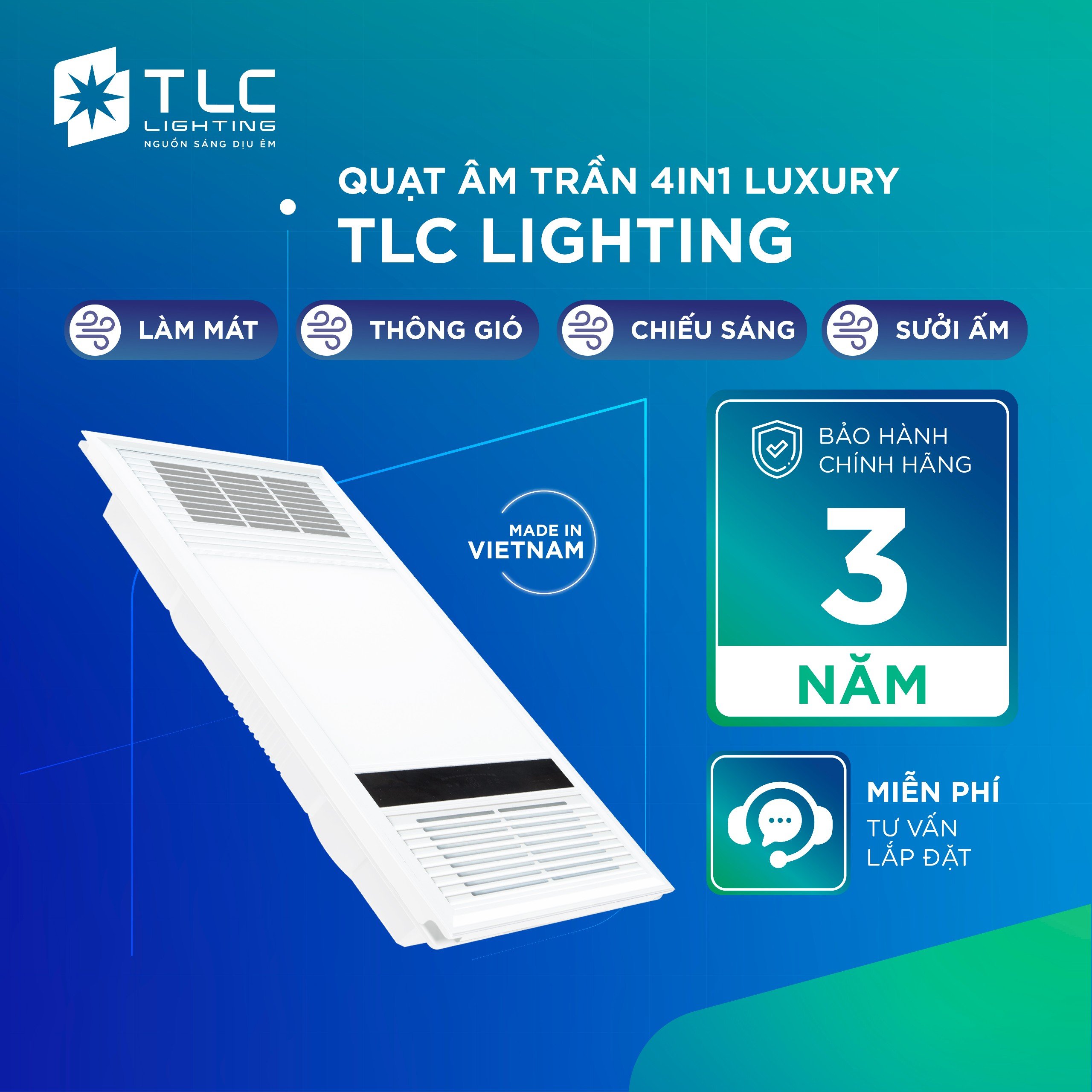 Quạt sưởi âm trần đa năng 4 trong 1 tlc lighting - luxury 30x60, bảo hành 1 đổi 1 trong 2 năm
