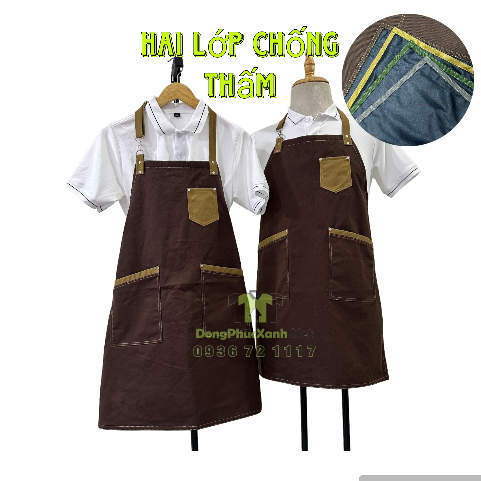 Tạp dề pha chế màu nâu cao cấp vải kaki cotton thoáng mát có nhiều túi tiện dụng