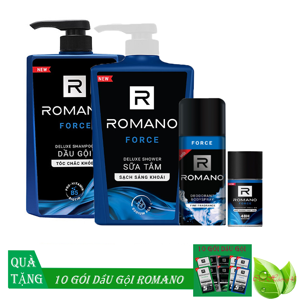 Bộ romano force 4 sản phẩm: dầu gội 650g, sữa tắm 650g, xịt km 150ml, lăn km 50ml +tặng 10 gói dầu gội romano