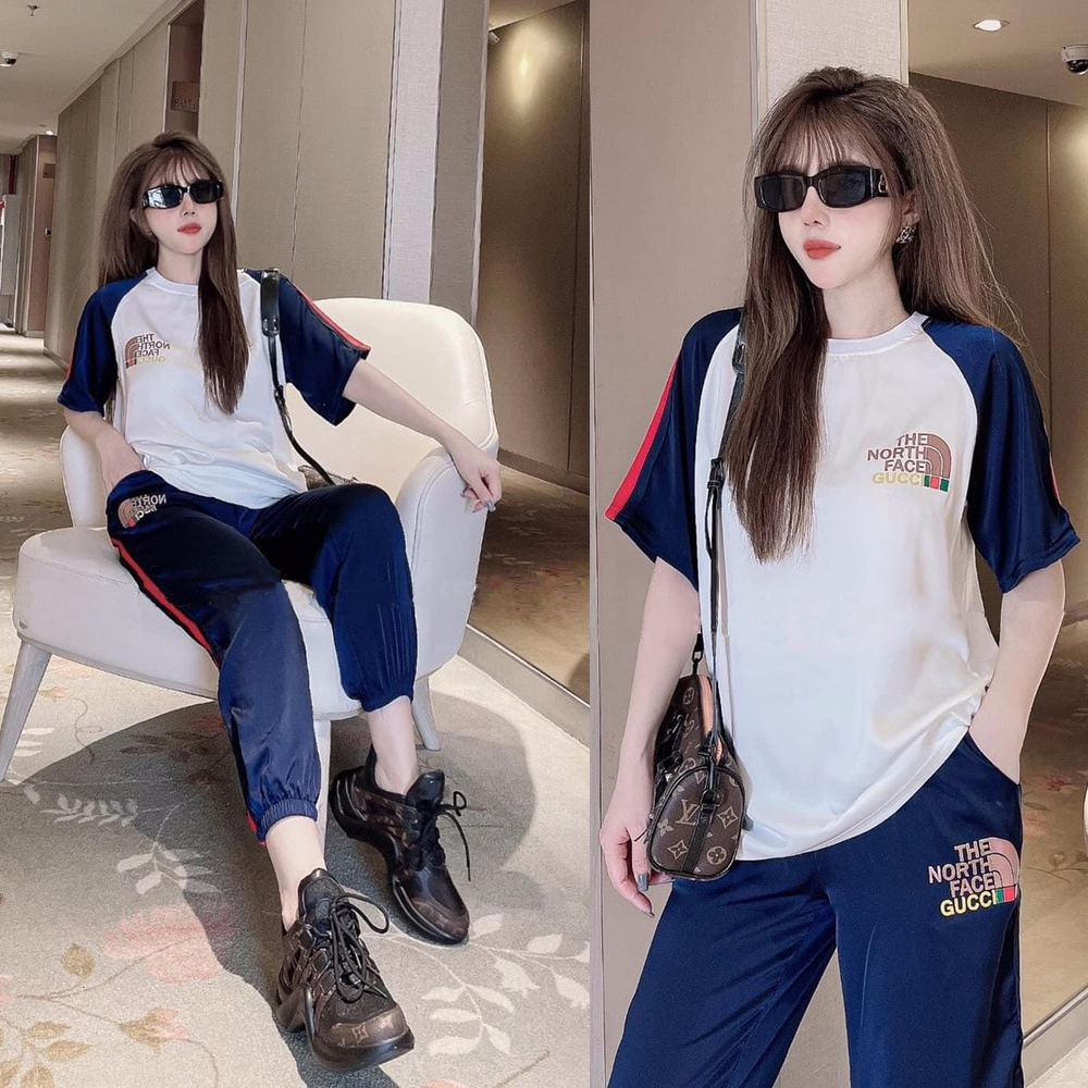 Đồ bộ thun thể thao form rộng bo chân phối màu xanh đen