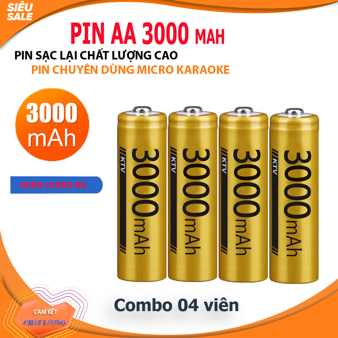 Combo 04 viên pin sạc AA, pin tiểu sạc dung lượng thực 3000mAh, pin chuyên dụng micro Karooke Doublepow - DP-3000V (màu vàng)