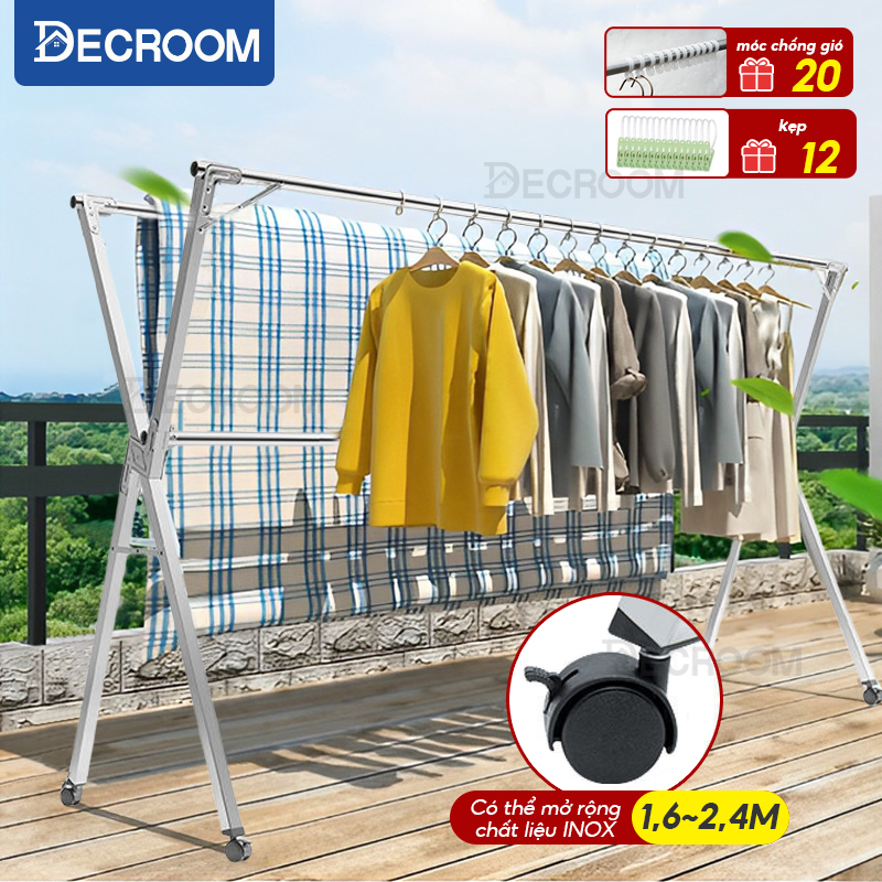 DECROOM Giàn Phơi Quần Áo Thông Minh, Sào Phơi đồ Inox Gấp gọn kiểu dáng giá phơi đồ có bánh xe tặng 20 móc treo cố định Xào Phơi Quần áo