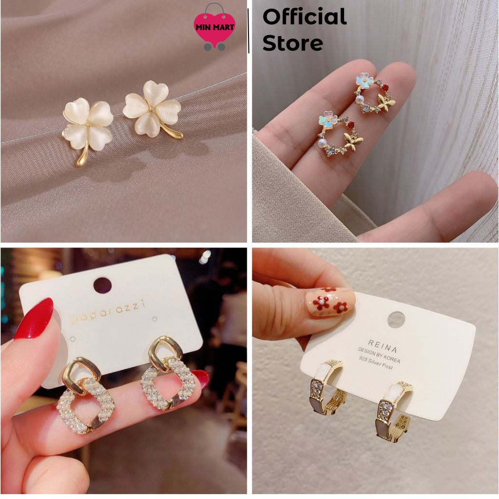 Bông tai nữ bạc 925 hình học đính đá li ti hoa tai phong cách hàn quốc E00101