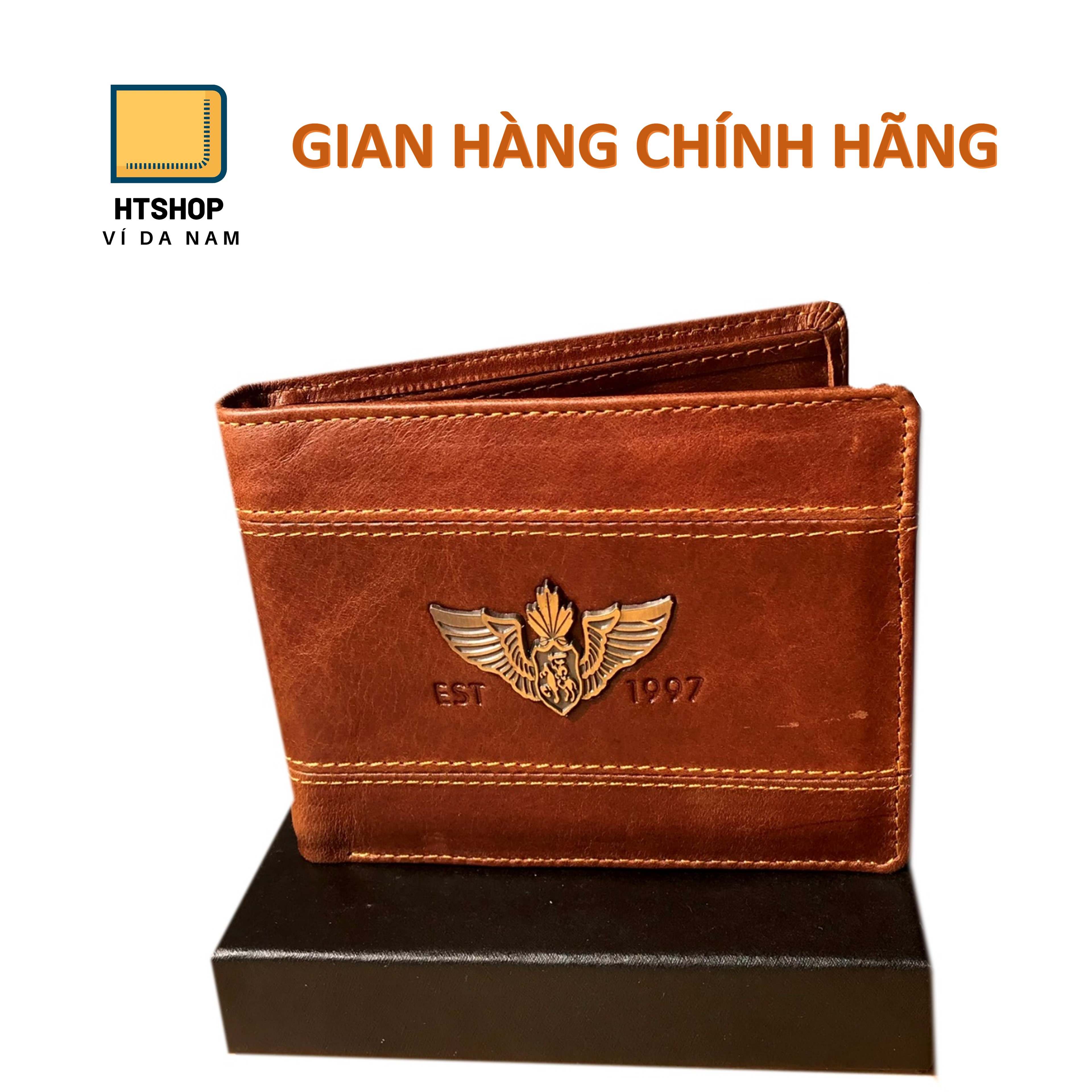Ví da nam, ví nam da thật, quà tặng cho nam, bóp da nam nâu đậm dáng ngang Cefiro da thật thủ công