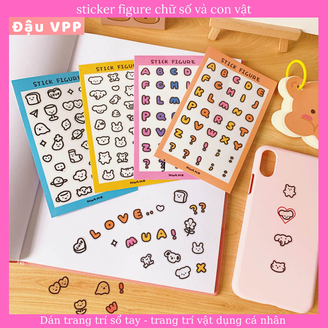 Sticker Set Hình Mini Sticker Figure Chữ Số và Con Vật Dán Trang Trí Vật Dụng