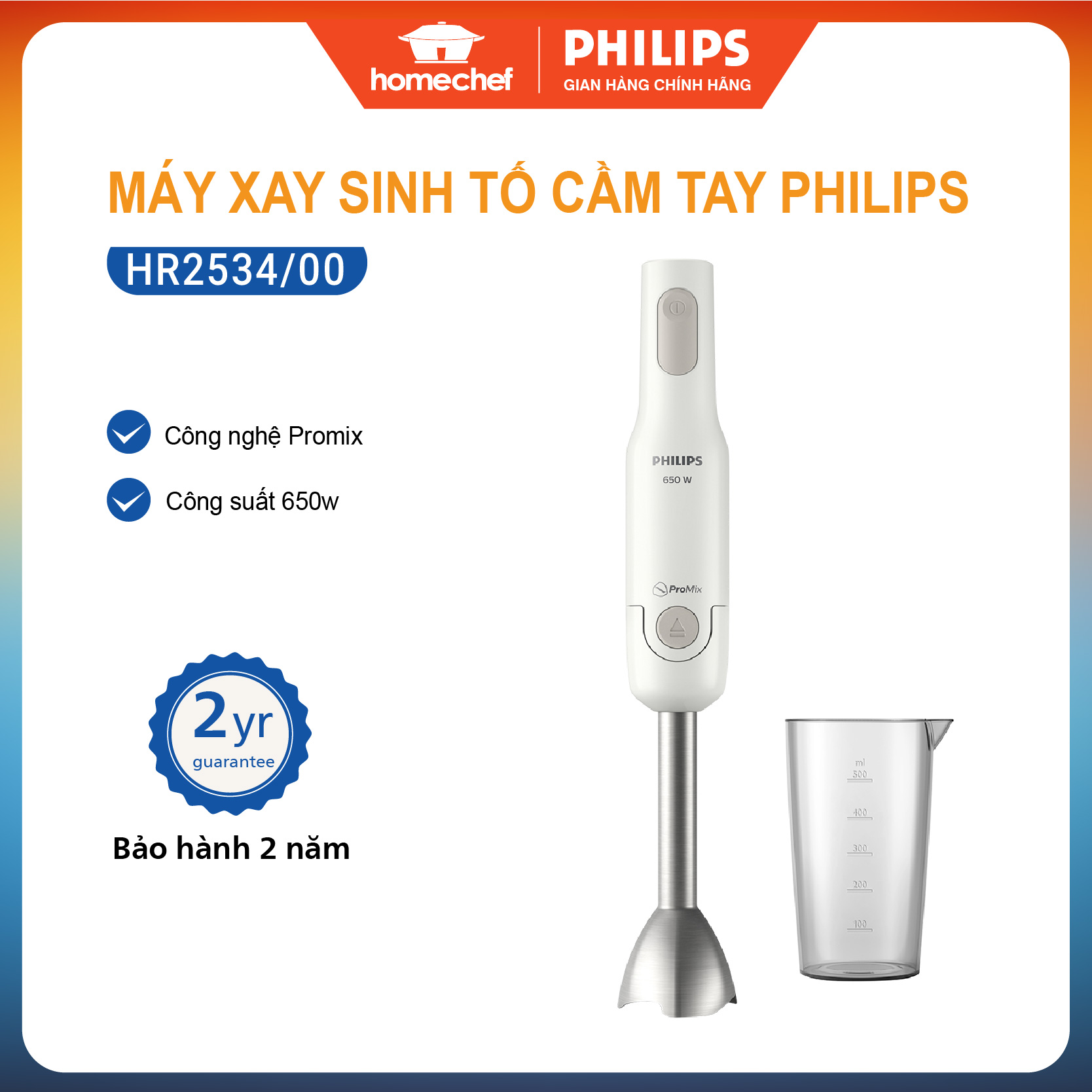Máy xay sinh tố cầm tay Philips HR2534/00, công suất 650w, bảo hành 2 năm chính hãng