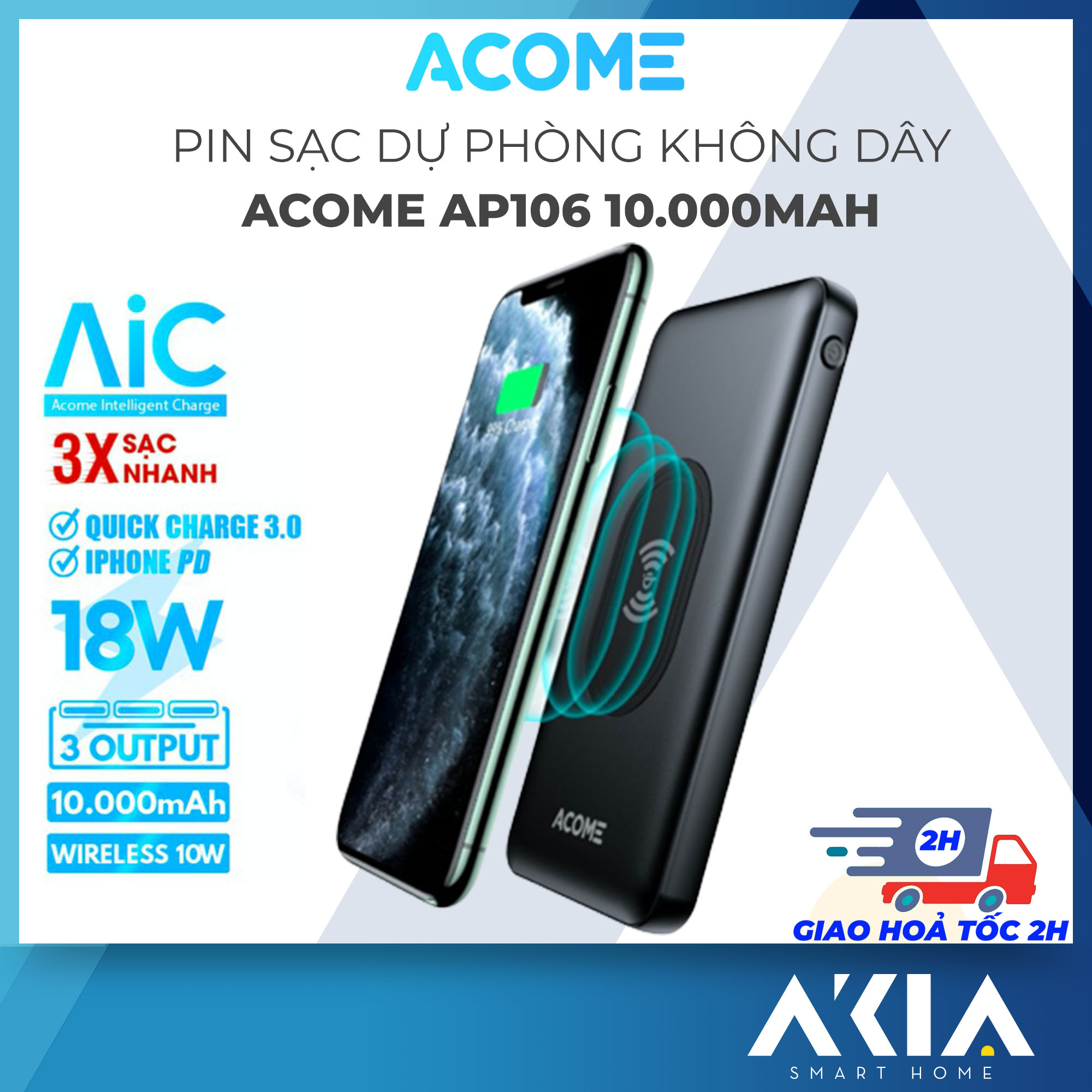 Pin sạc dự phòng không dây 10.000mAh ACOME AP106, Qi 10W, Sạc Nhanh PD + QC3.0 18W, 5A, Type-C, chính hãng