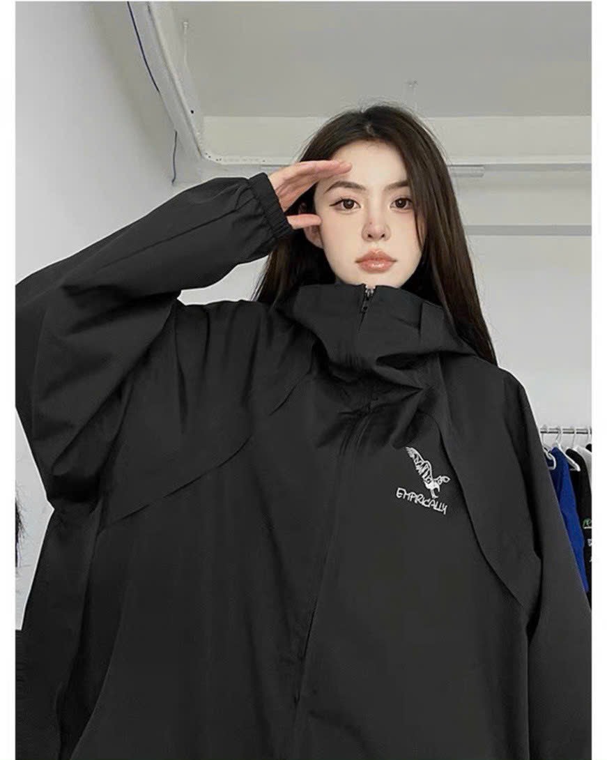 Áo khoác gió bóng chày cổ cao có nón Thêu Hình Cánh Chim form rộng kiểu dáng basic thời trang nam nữ siêu hot -