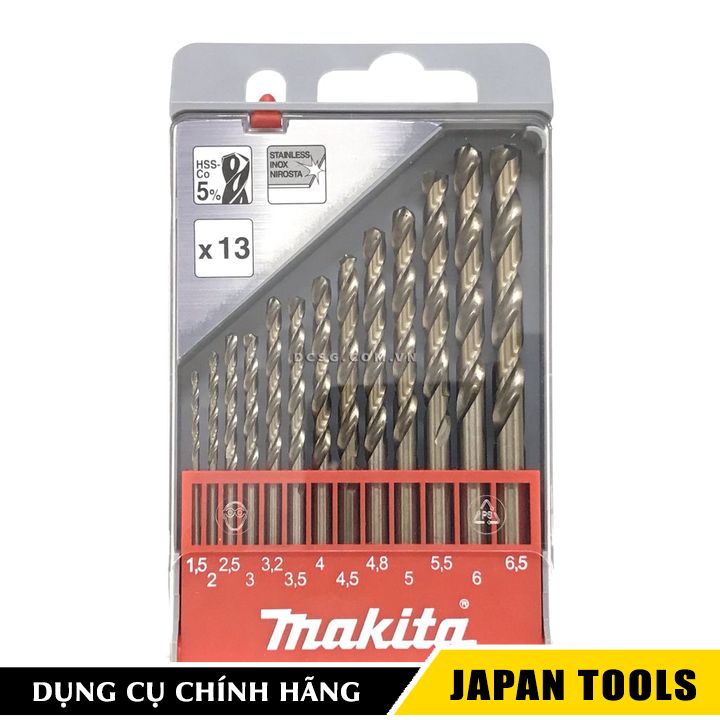 Bộ mũi khoan kim loại và Inox 1.5-6.5mm Hss-Co 5% Makita D-57180 (13 chi tiết/bộ) | Japan Tools