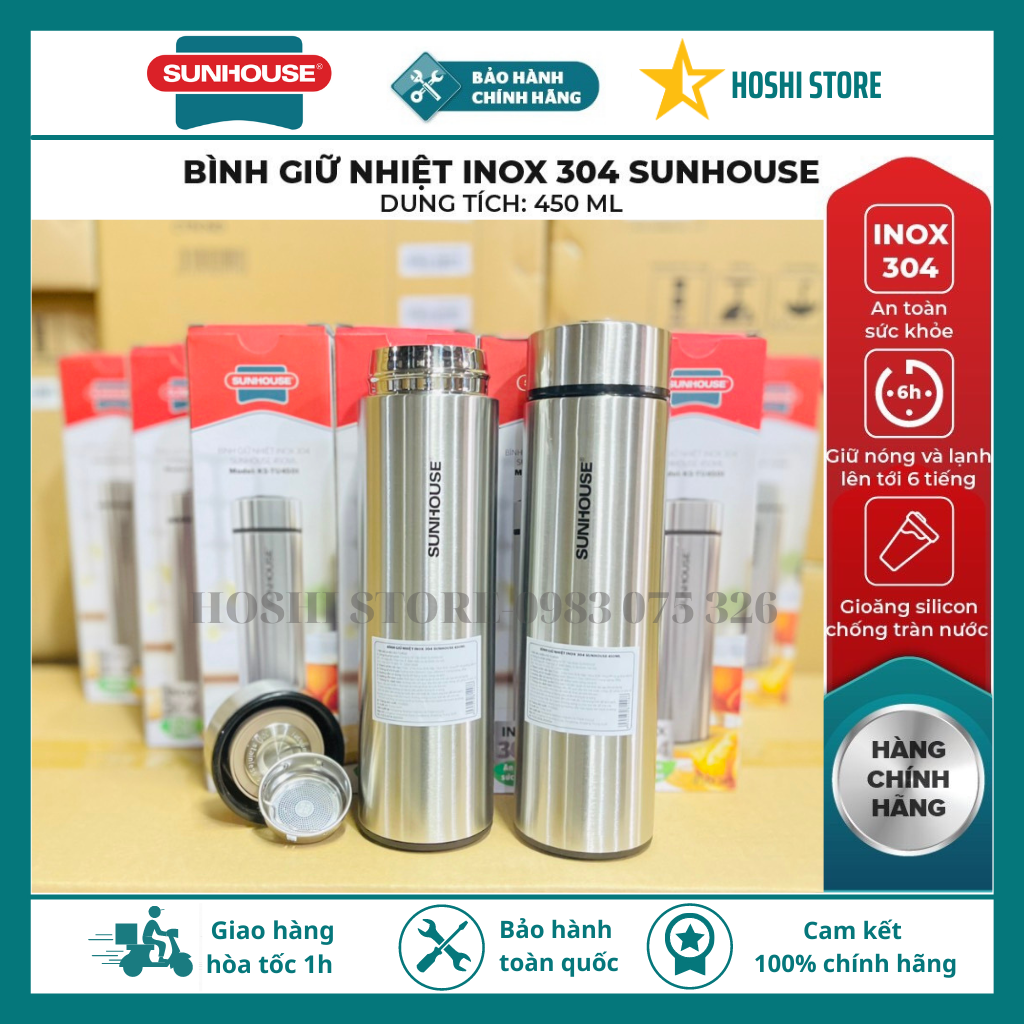 Bình giữ nhiệt bình giữ nhiệt inox 304 sunhouse 450ml ks-tu450i