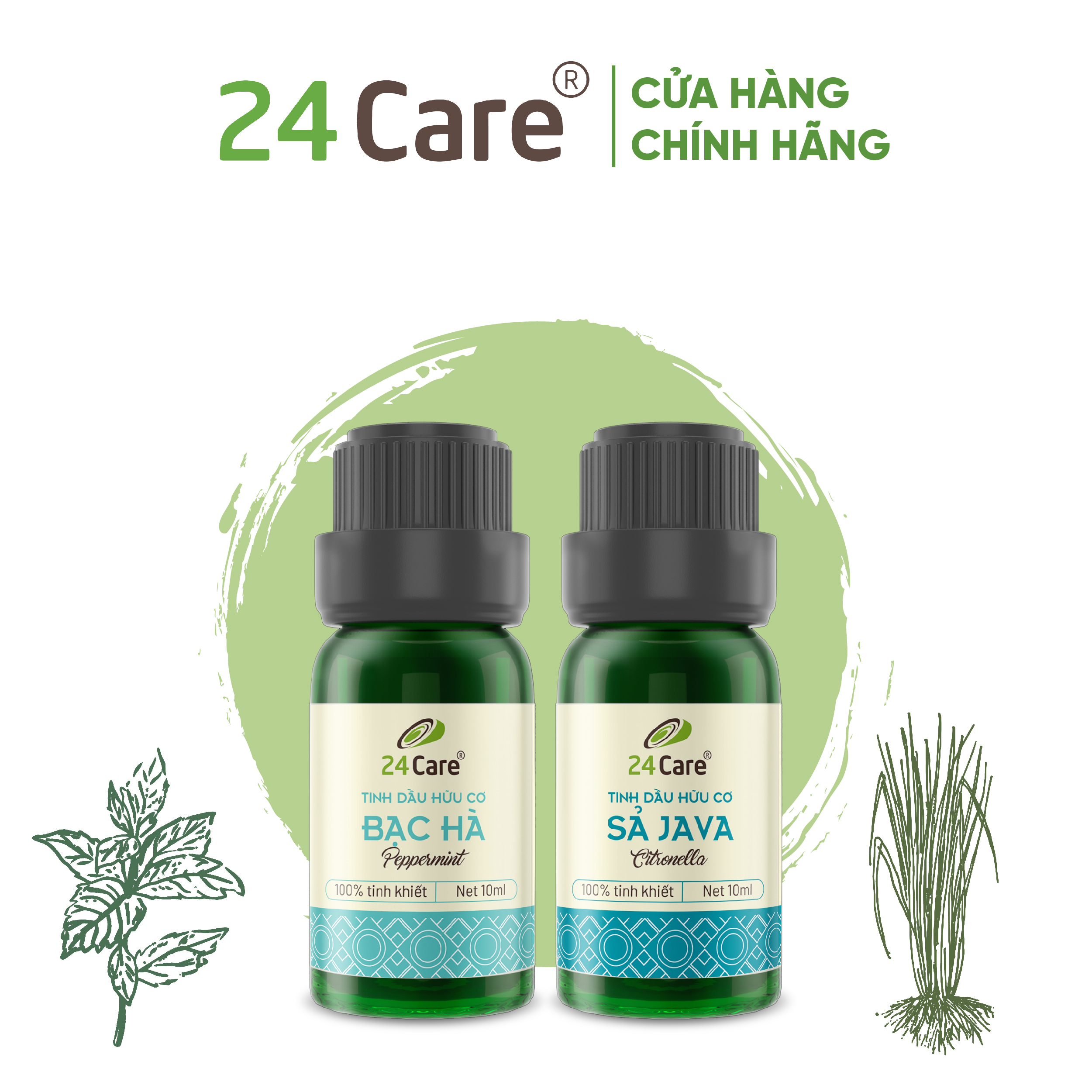 [TÙY CHỌN MÙI] Combo 2 tinh dầu 10ml Sả chanh và tinh dầu Ngọc Lan Tây 24Care 10ml/50ml/100ml - Xông thơm phòng, đuổi muỗi, khử mùi - Tinh dầu Bạc Hà/ Quế/ Bưởi/ Tràm Huế/ Hoa Hồng/ Ngọc Lan Tây