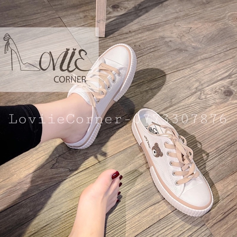 Sục nữ đạp gót loviiecorner - giày bata nữ thời trang hình gấu xinh xắn - giày nữ thể thao - sneaker vải đạp gót b211008