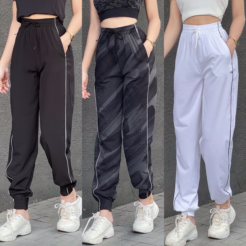 Quần jogger thể thao nữ 1 sọc chất dù túi có khoá tập gym, zumba, chạy bộ