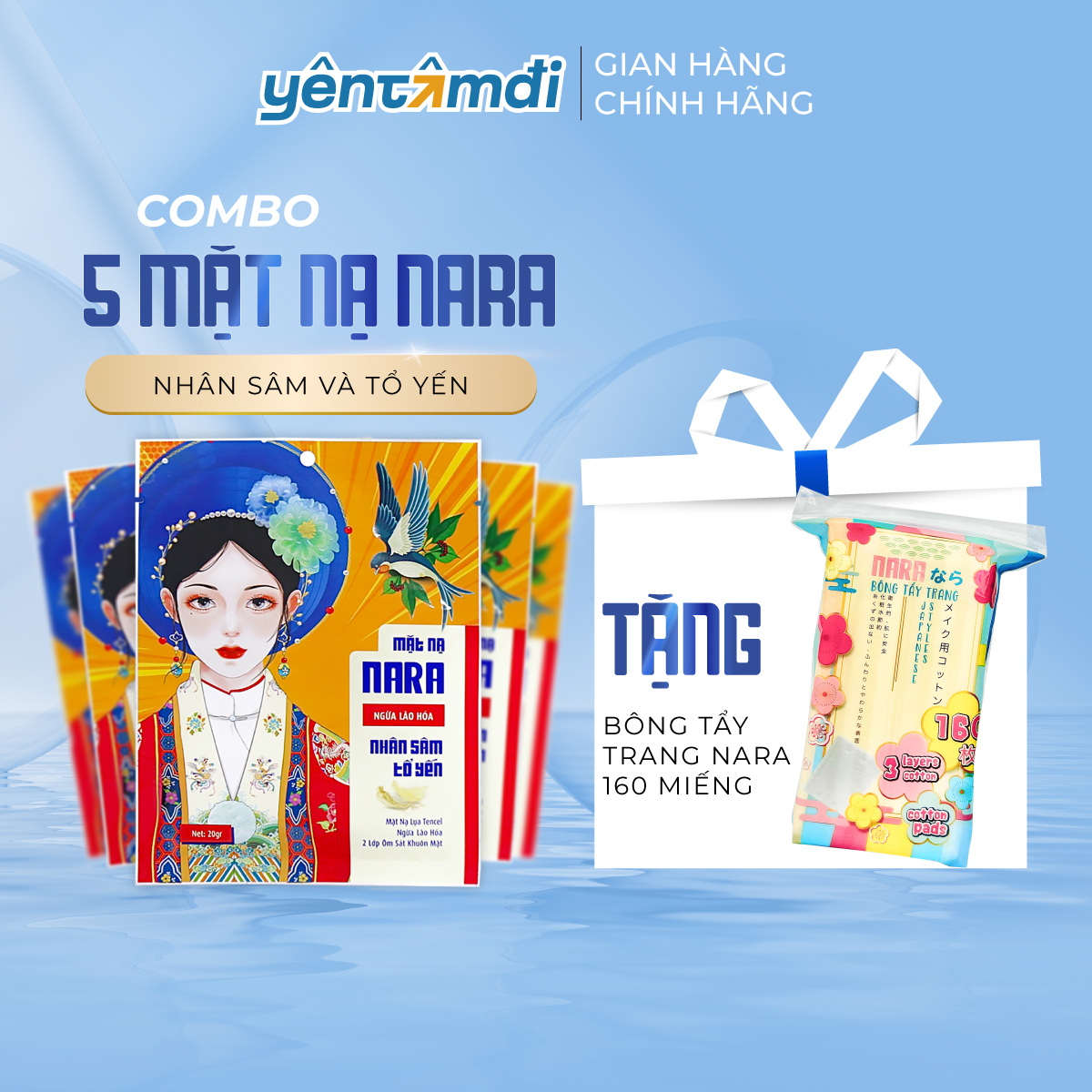 Combo 5 mặt nạ lụa cấp ẩm da nara nhân sâm tổ yến tặng 1 bông tẩy trang nara 160 miếng