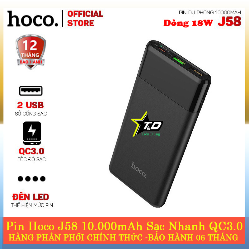 Pin sạc dự phòng hoco j58 10.000mah có pd và qc 3.0 giúp sạc nhanh có đèn báo dung lượng pin