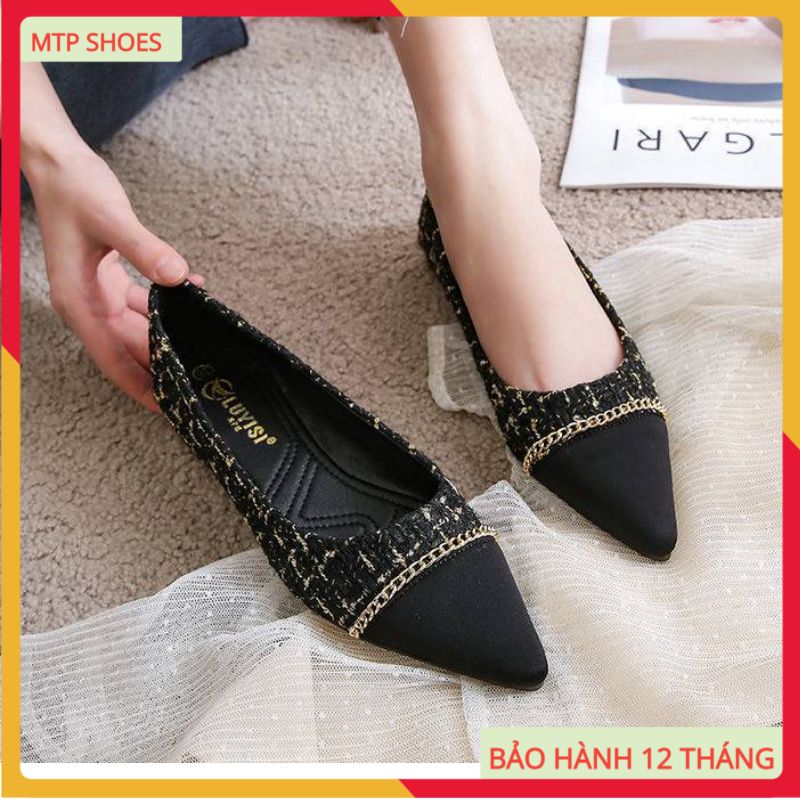 Giày bệt nữ mũi nhọn da mềm kẻ caro