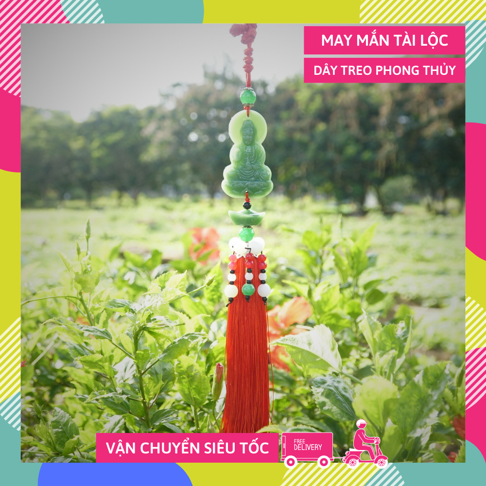 Dây treo xe ô tô Quan Âm Bồ Tát ngọc bội xanh hạt ngọc chuỗi đỏ bình an tài lộc