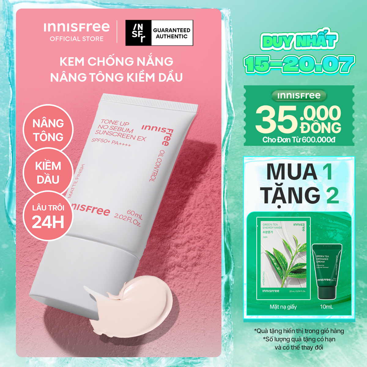 Kem chống nắng nâng tông kiềm dầu INNISFREE Tone Up No Sebum EX SPF 50+ PA++++ 60 mL