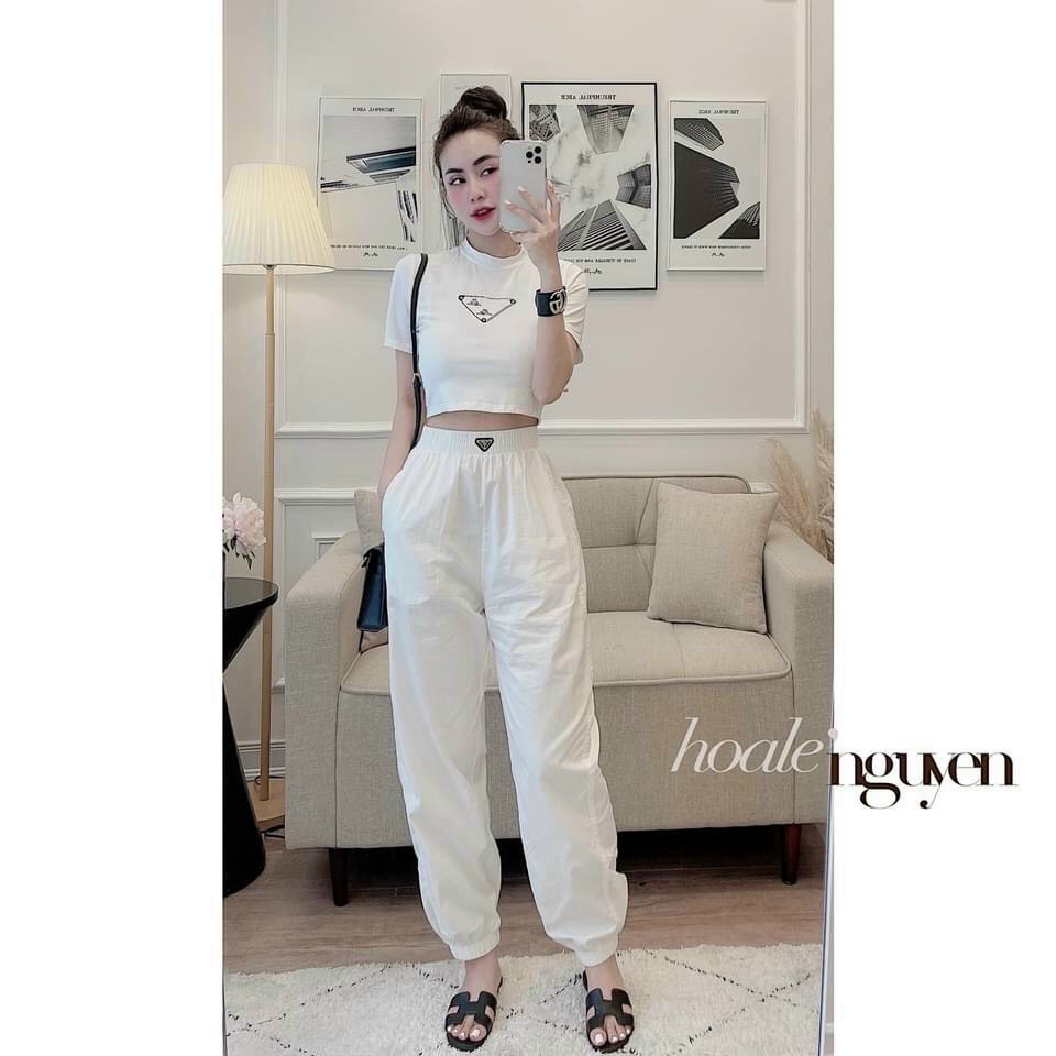Sét bộ thể thao nữ áo croptop tay ngắn cổ tròn quần ống côn chất thun dày dặn trẻ trung cá tính