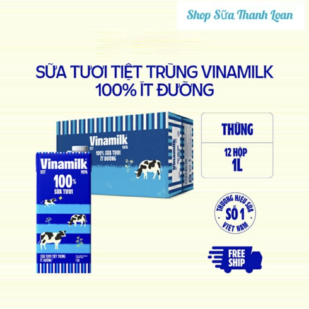 (HSD T8-2026) Thùng 6/ 12 Hộp Sữa Tươi Tiệt Trùng VINAMILK 100% Ít Đường - Hộp 1L.