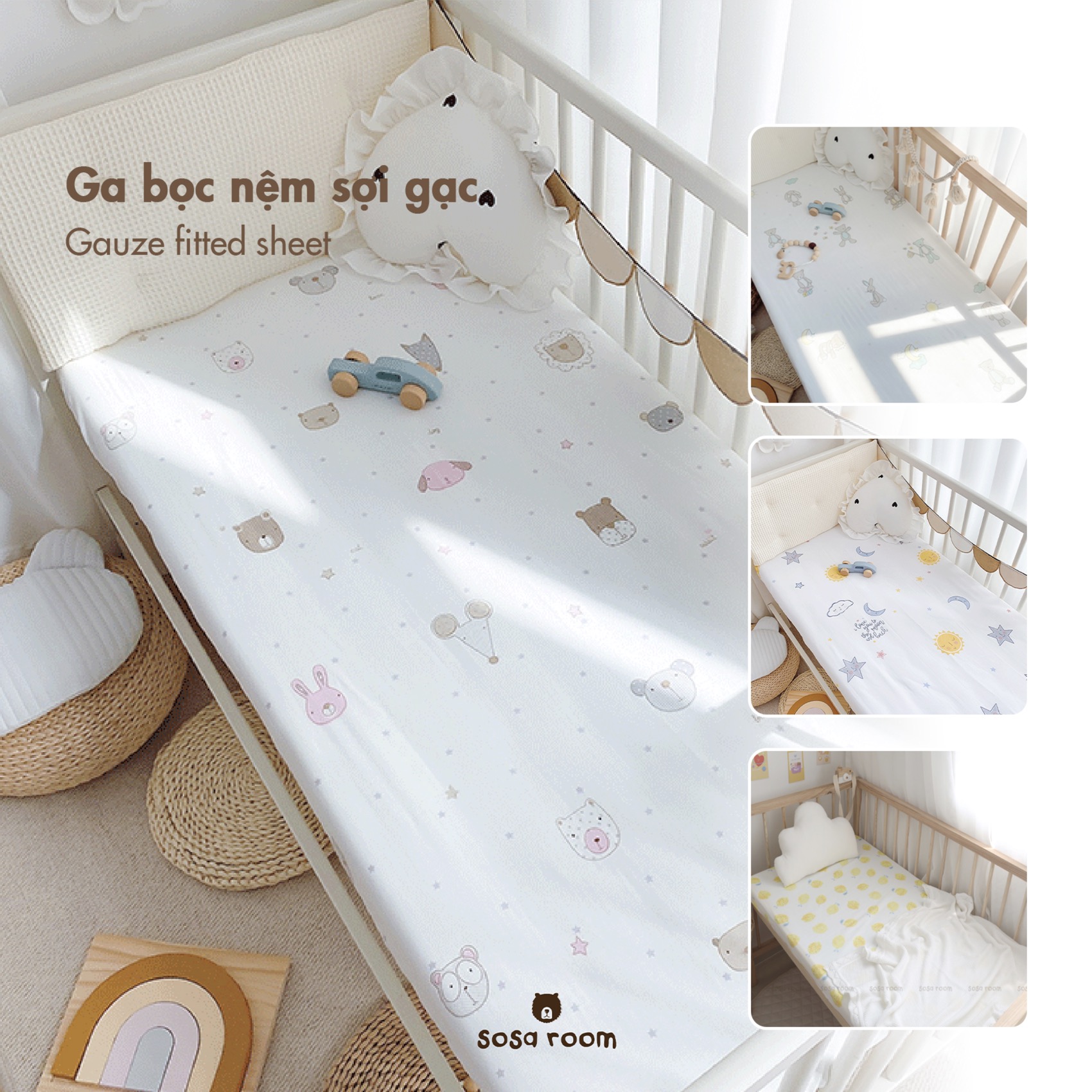 [4 mẫu] Ga drap bọc nệm cũi/giường cho bé, sợi gạc 6 lớp, hoạ tiết dễ thương