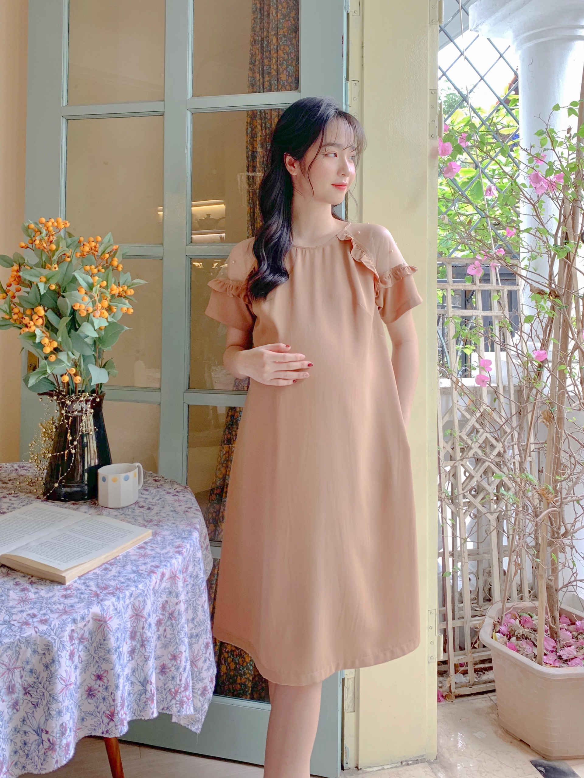 Váy bầu mùa hè nâu tây cực sang - Đầm bầu dự tiệc thiết kế Medyla - VS641
