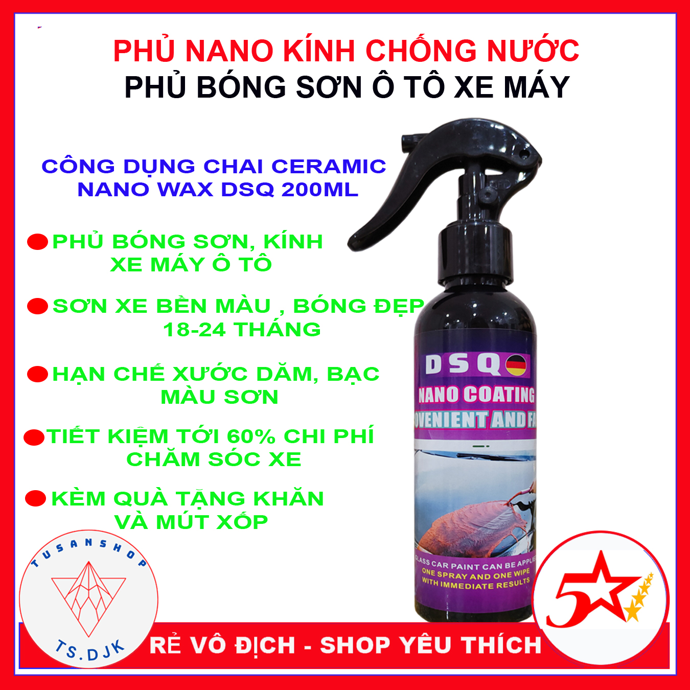 [Độ Bền 18-24 Tháng] Chai Xịt Phủ Nano Ô tô - Bình Xịt Phủ Nano Ô tô - Dung Dịch Phủ Nano Kính Ô tô Chống Nước - Sơn Phủ Bóng Xe Ô tô - Phủ ceramic ô tô xe máy, phủ bóng kính xe tạo hiệu ứng lá sen DSQNano Coating 200 ml - TUSAN SHOP