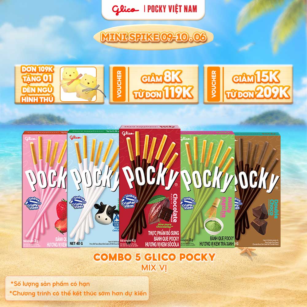 Combo 5 Hộp Mix Vị Bánh Que Phủ Kem Glico Pocky (00461) - 1 Socola _1 Sữa_1 Cookies  Cream_1 Trà Xanh_1 Double Choco)
