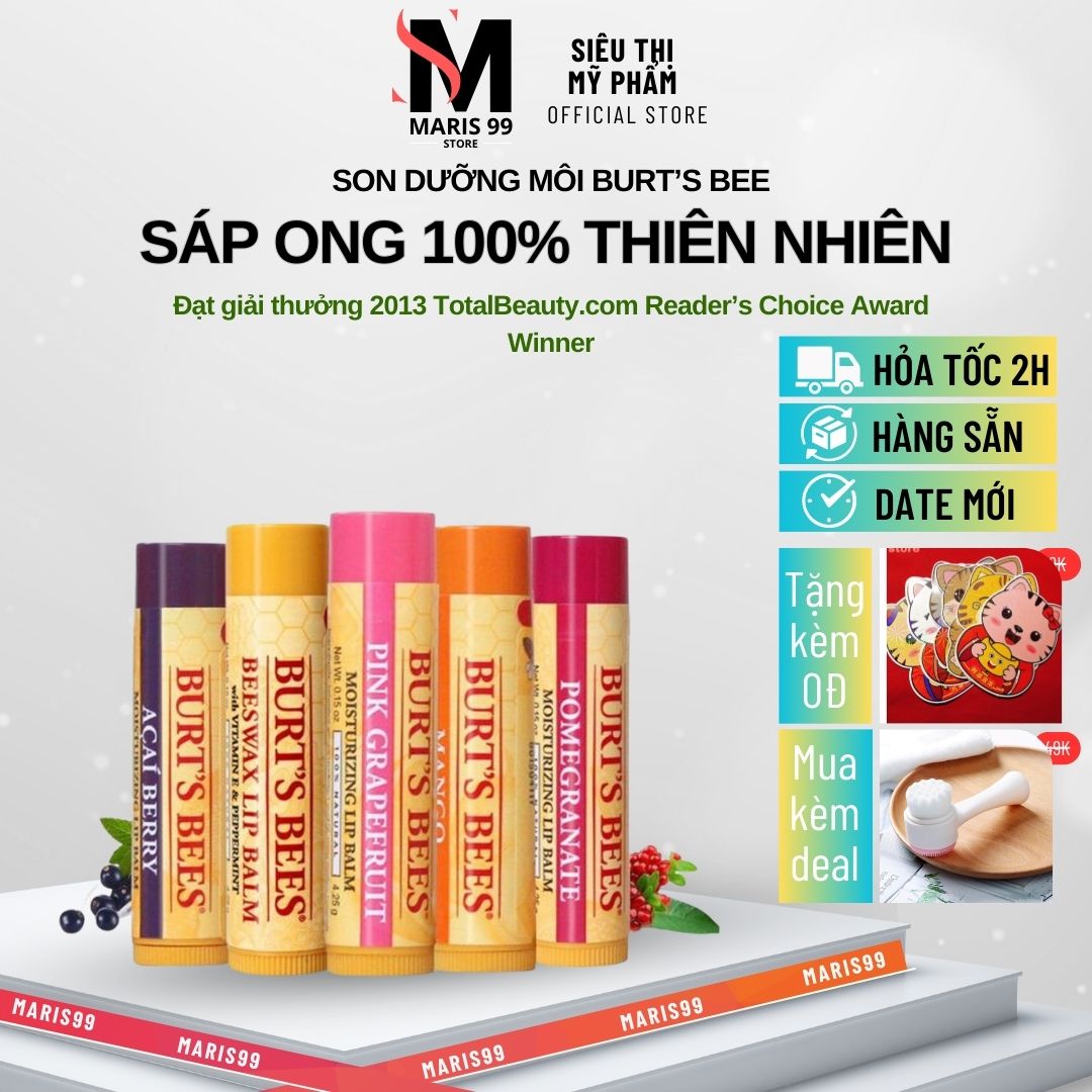 Burt’s bees; son dưỡng môi burts bees không màu dưỡng ẩm lâu và không thâm môi - natural lip balm burts bees _bchoice