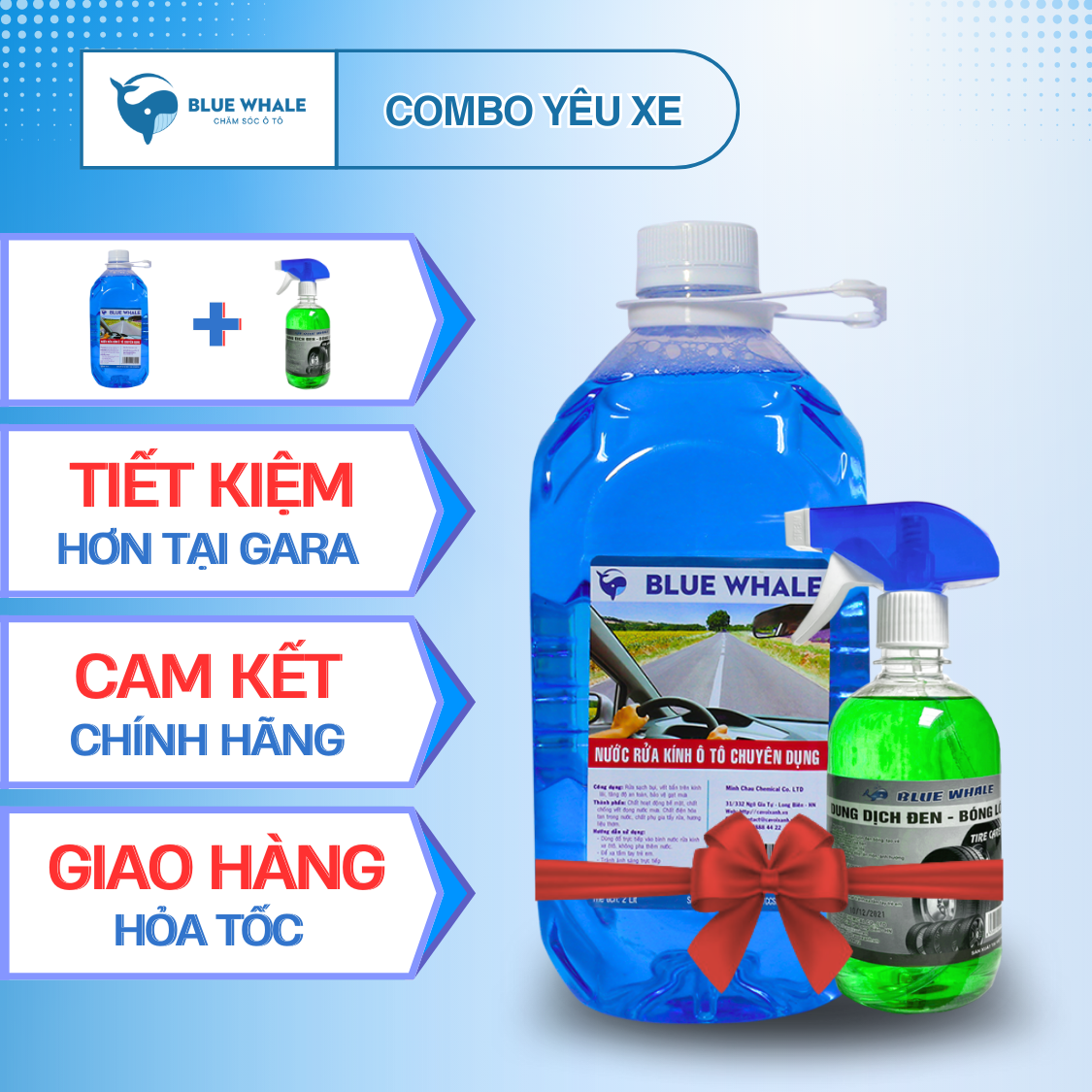Combo Yêu Xe: 1 chai nước rửa kính ô tô BlueWhale + 1 chai xịt làm đen bóng lốp BlueWhale 500ml