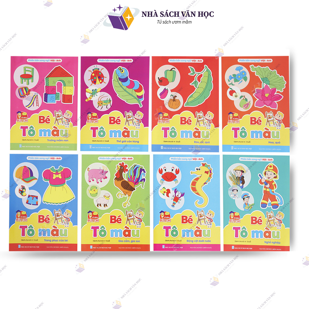 Sách - combo tập tô màu cho bé từ 4 - 5 tuổi - 8 quyển tô màu song ngữ anh việt
