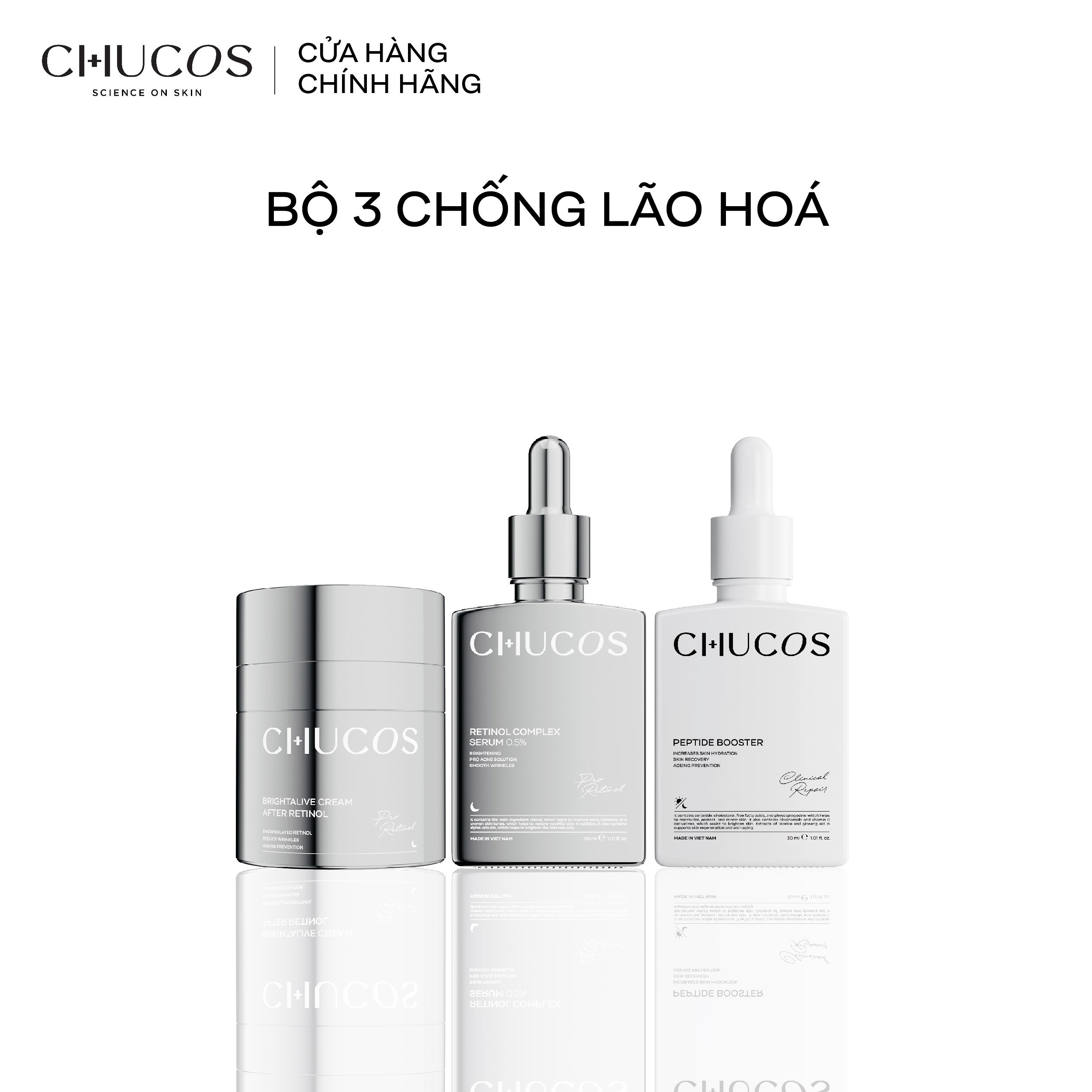 Combo 3 sản phẩm Retinol Complex Serum 0.5% 30ml + Peptide Booster 30ml + Brightalive Cream - After Rrtinol 50gr