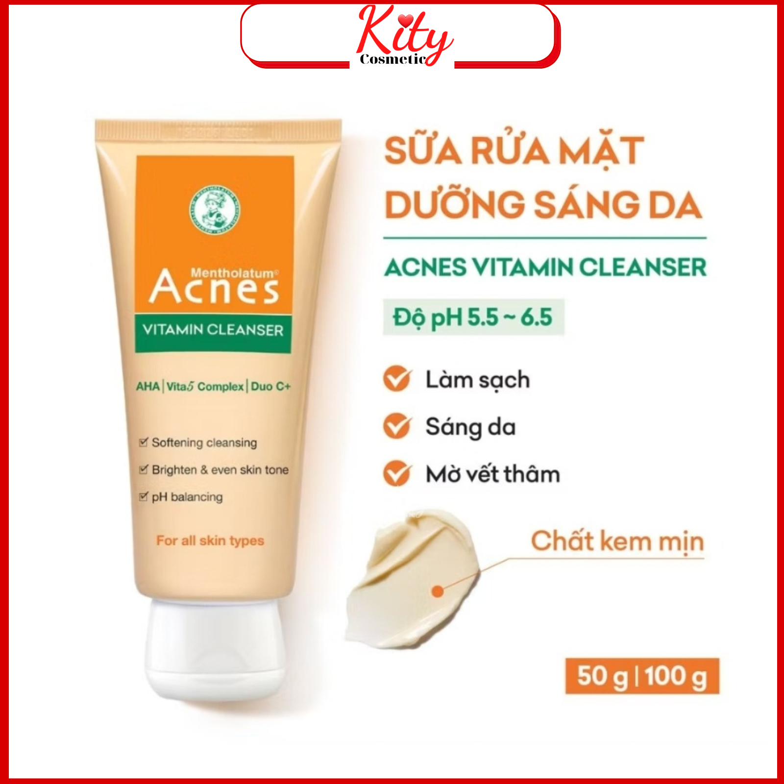 Kem rửa mặt giúp làm sạch sáng da mờ thâm vitamin Acnes Cleanser 100g