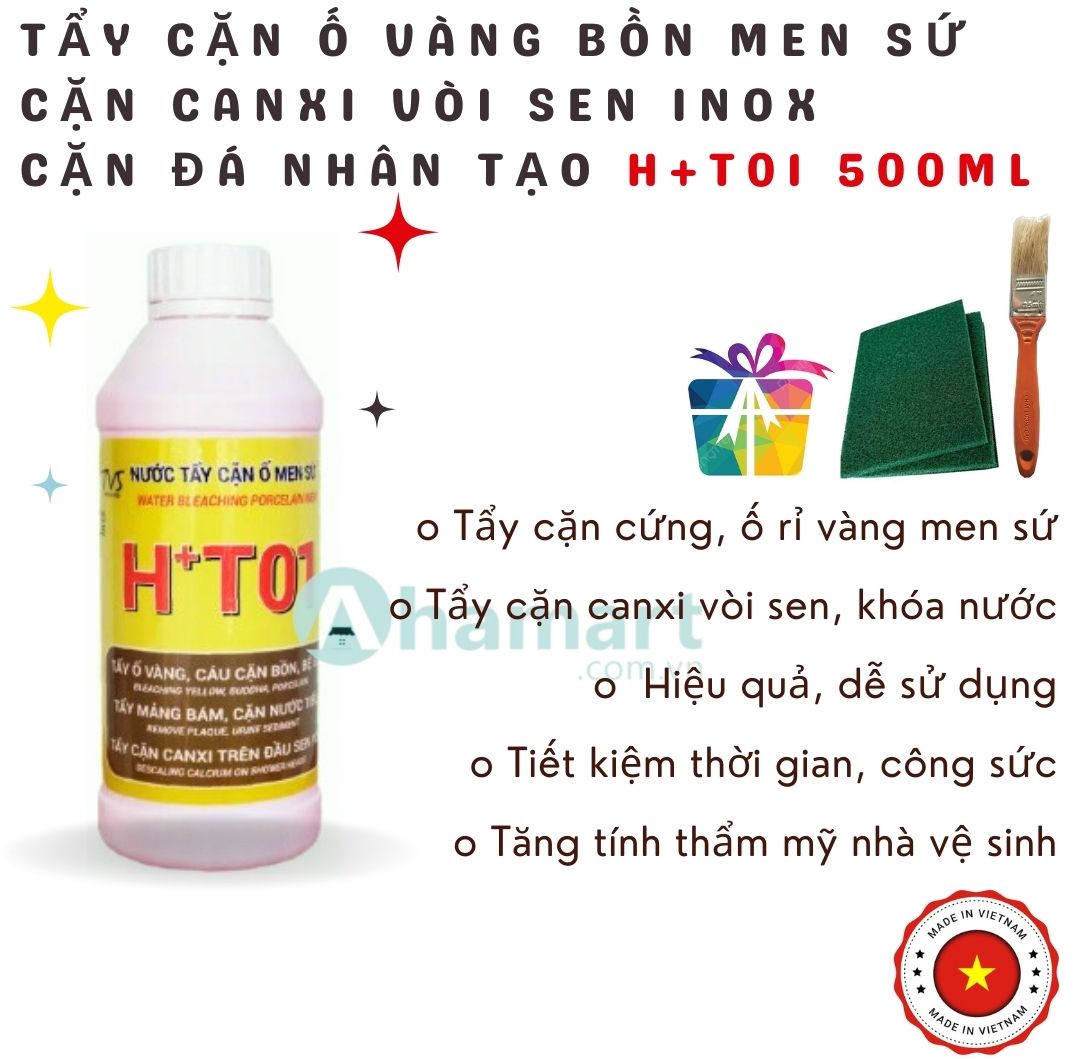 Chất tẩy cặn mảng bám bồn cầu, men sứ, cặn canxi vòi sen inox, cặn đá nhân tạo HT01 500ml