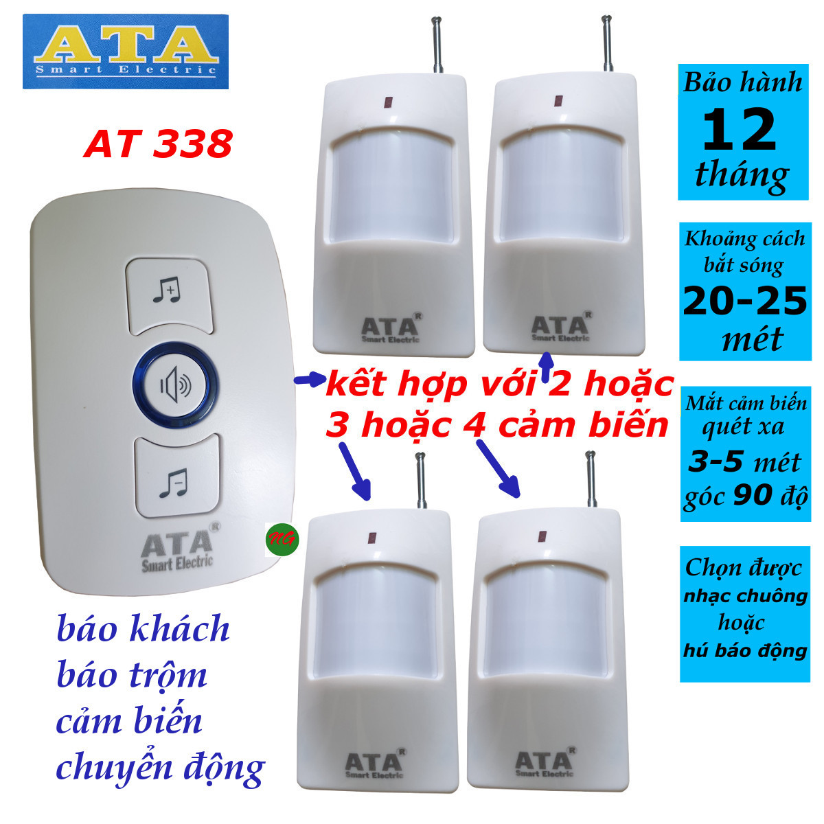 Bộ chuông báo khách báo trộm ATA AT-338 tích hợp sẵn 2 hoặc 3 hoặc 4 cảm biến hồng ngoại - công nghệ cảm ứng chuyển động không dây . Bảo hành 01 năm