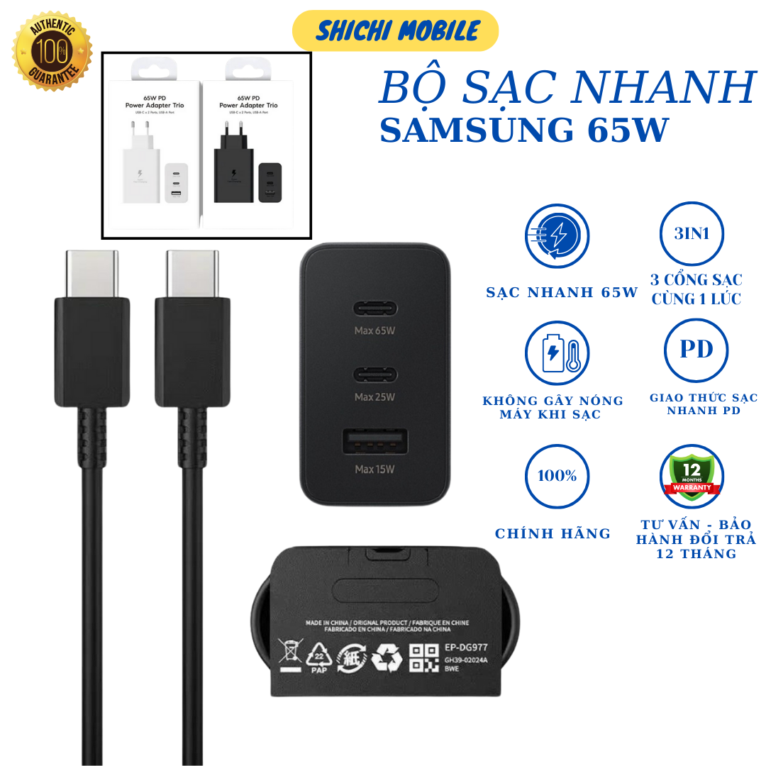 Sac nhanh ip,sạc typec,bộ sạc nhanh samsung 65w 3 cổng sạc cho,ip ,oppo,xiaomi chính hãng shichimobile