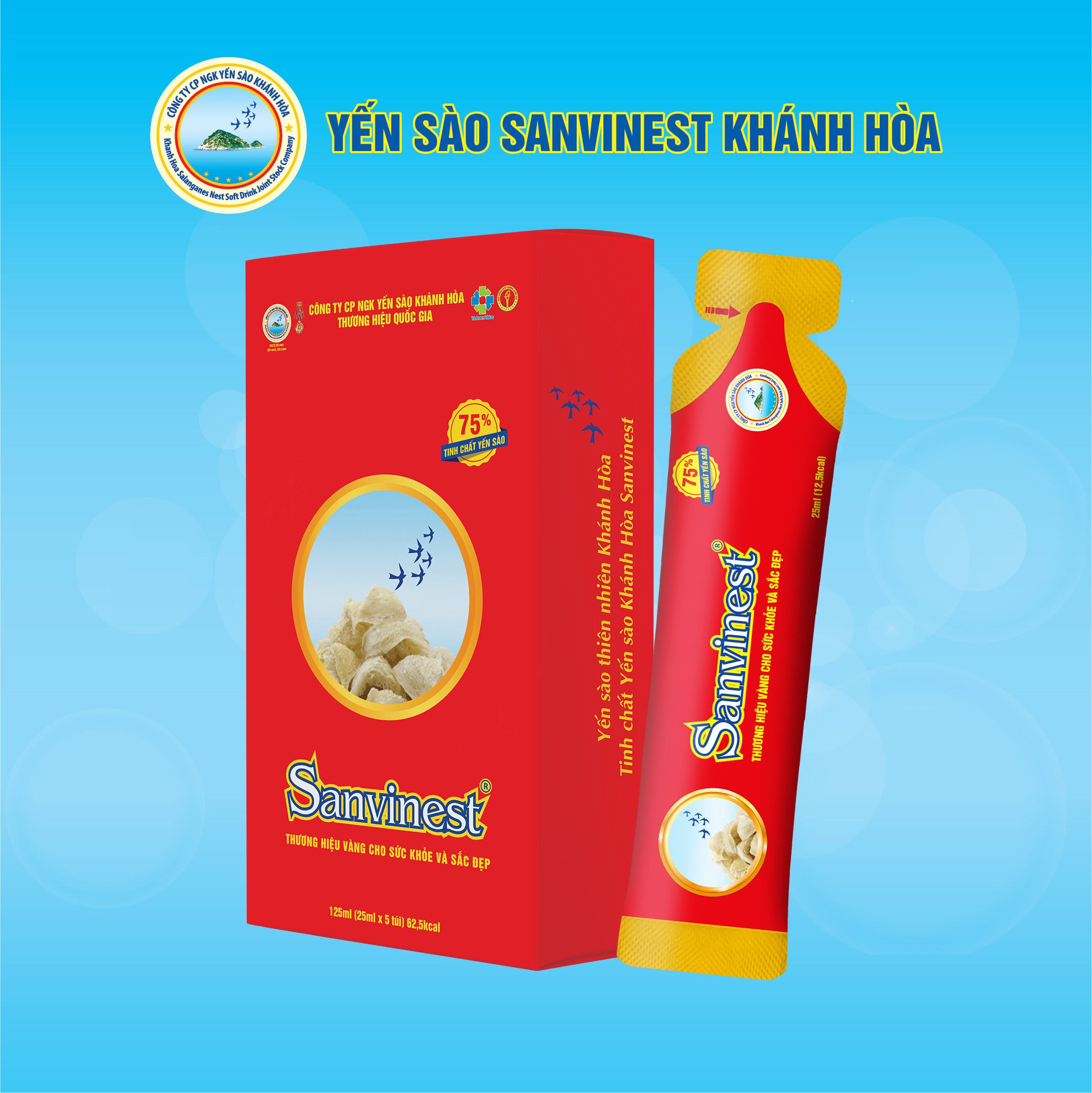 Tinh chất Yến sào Khánh Hòa Sanvinest, Hộp 10 túi 25ml, 75% Yến sào, Có đường Dành cho moi độ tuổi, tiện lợi dùng ngay, hấp thụ tối đa dưỡng chất.