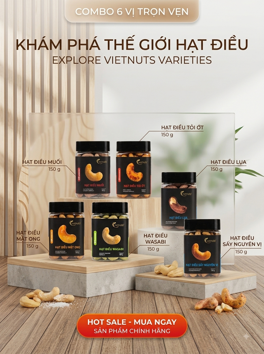Vietnuts - Hạt điều 6 vị cao cấp hộp 150g | Thiết kế sang trọng - chất lượng thơm ngon, giòn rụm