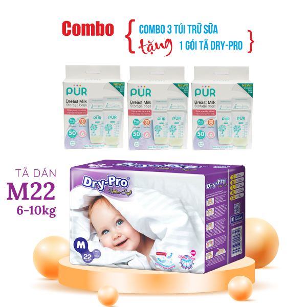 Combo 3 hộp Túi trữ sữa Pur (50 túi/hộp) + tặng 1 gói tã bỉm cho bé