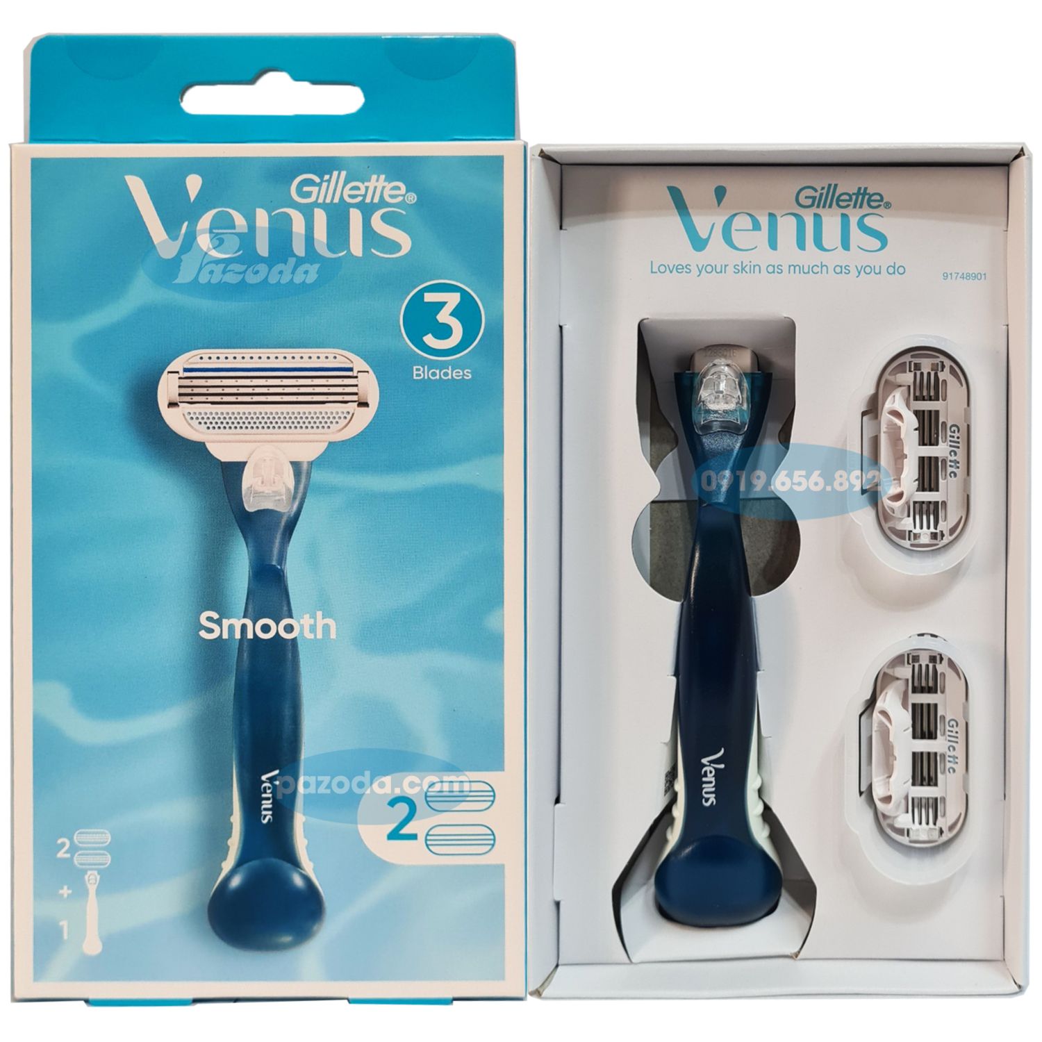 Dao cạo GILLETTE Venus 3 Blades (1 tay cầm, 2 đầu cạo 3 lưỡi kép) cho nữ giới