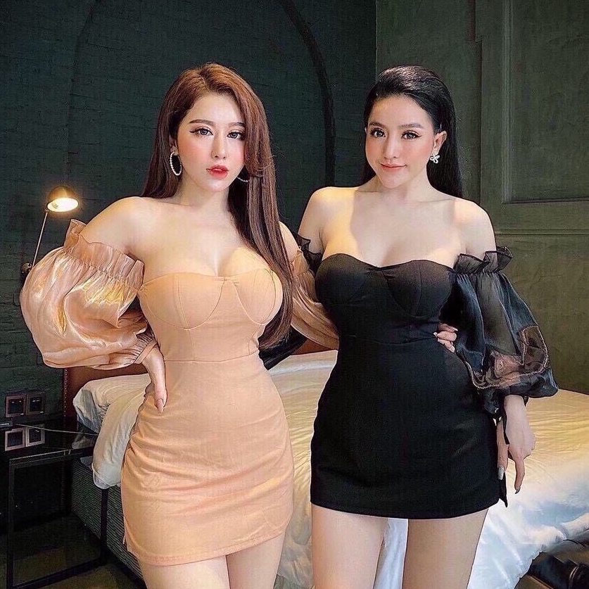 Đầm body tay lưới có mút ngực