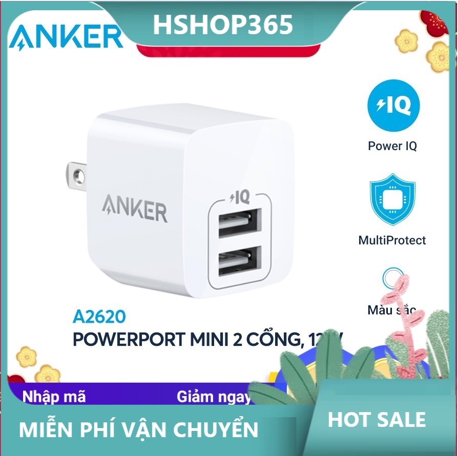 Sạc anker powerport mini 2 cổng poweriq 12w - a2620 2 cổng sạc cho ra công suất 12w thiết kế chắc chắn hiệu năng ổn định hshop365 abshop365 abshop hshop