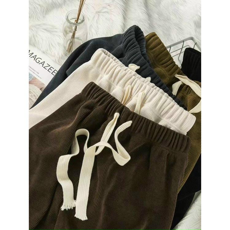 Quần ống rộng thun tăm dáng dài dây rút vải mát cạp chun kiểu quần culottes ống suông len tăm thun gân mềm thể thao