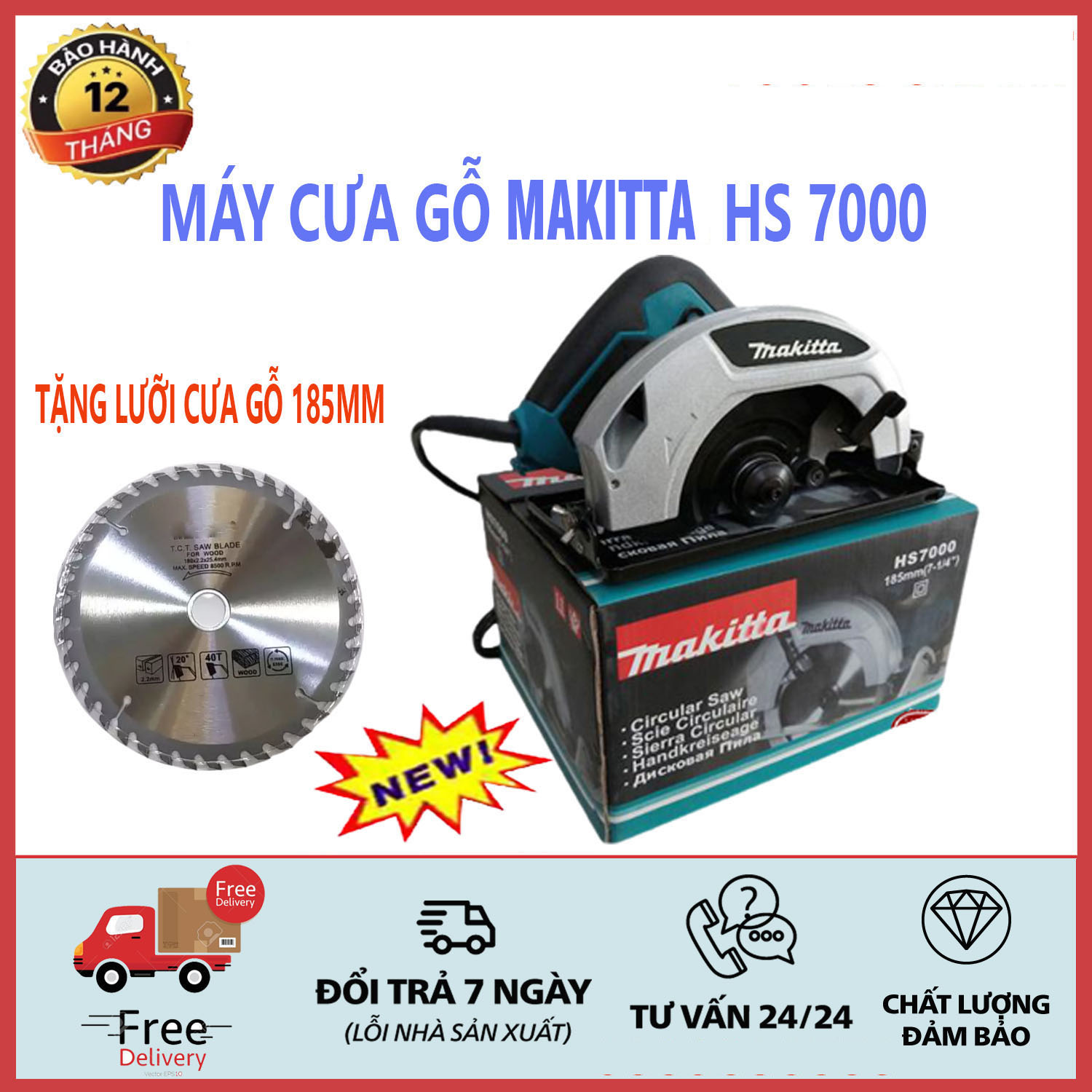 Máy cưa đĩa MAKITA HS7000 Thiết kế nhỏ gọn, máy cưa gỗ tay cầm vừa vặn và dễ thao tác, tặng kèm lưỡi cưa 185mm