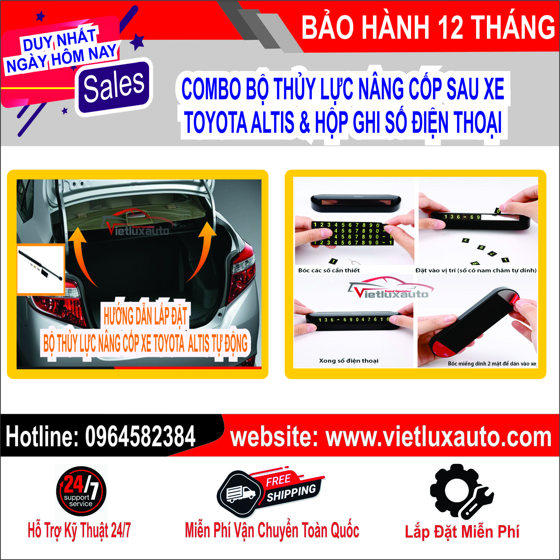 Combo Thủy Lực Nâng Cốp Sau Xe Toyota Altis & Hộp Ghi Số Điện Thoại